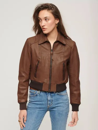 Superdry 70s Leather Jacket - Washed Tan - Female