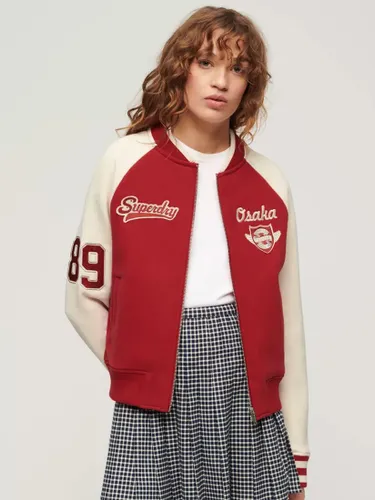 Superdry College Graphic Jersey Bomber Jacket, Risk Red/Oatmeal - Risk Red/Oatmeal - Female