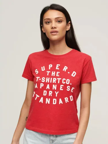 Superdry Cotton Blend Puff Print Fitted T-Shirt, Papaya Red Marl - Papaya Red Marl - Female