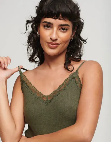 Superdry Cotton essential rib lace cami top in dusty olive green marl