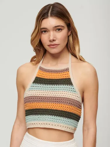 Superdry Cropped Stripe Halter Crochet Top, Satsuma/Multi - Satsuma/Multi - Female