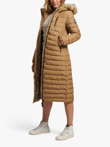 Superdry Faux Fur Hooded Longline Light Padded Puffer Coat - Sandstone - Female