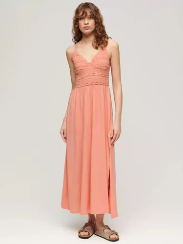 Superdry Jersey Lace Maxi Dress,  Fusion Coral - Fusion Coral - Female