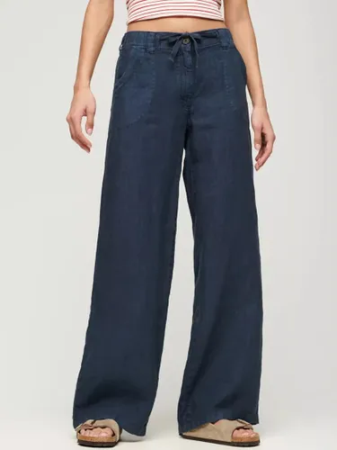 Superdry Low Rise Wide Leg Linen Trousers - Navy - Female