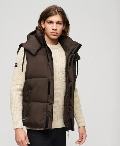 Superdry Mens Classic Quilted Hooded Ripstop Puffer Gilet, Brown