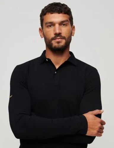Superdry Mens Slim Fit Pure Cotton Long Sleeve Polo Shirt - XL - Black, Black,Dark Grey