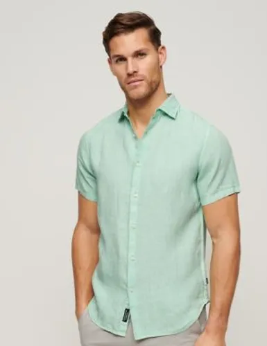 Superdry Mens Slim Fit Pure Linen Shirt - Green, Green,Light Blue