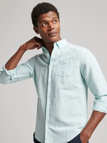 Superdry Organic Cotton Studios Linen Button Down Shirt - Plume Blue - Male