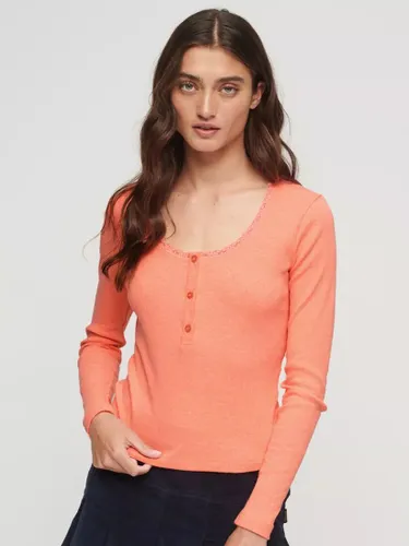 Superdry Ribbed Long Sleeve Henley Top, Pastelline Coral - Pastelline Coral - Female
