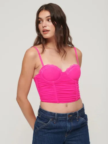 Superdry Ruched Mesh Crop Corset Top - Pink Glow - Female