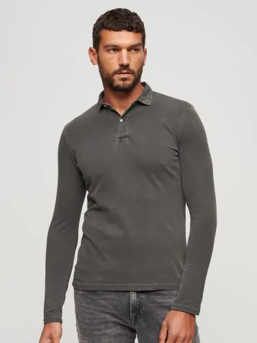 Superdry Studios Long Sleeve Jersey Polo Shirt - Washed Black - Male