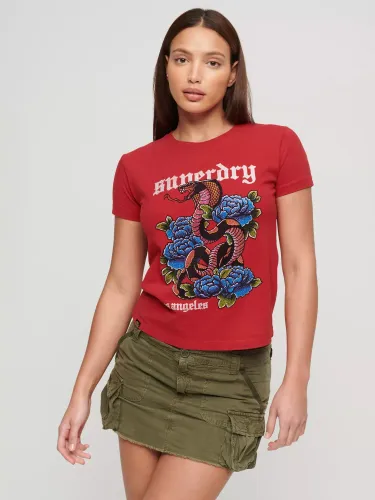 Superdry Tattoo Rhinestone Cobra T-Shirt, Risk Red/Multi - Risk Red/Multi - Female