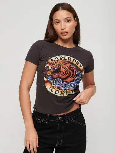 Superdry Tattoo Rhinestone Tiger T-Shirt, Carbon Black/Multi - Carbon Black/Multi - Female