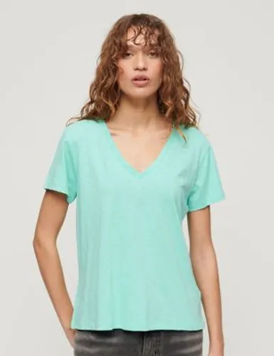Superdry Womens Cotton Rich Embroidered V-Neck T-Shirt - 12 - Light Green, Light Green,Pink,Light Blue,Stone,Khaki,Grey,Orange