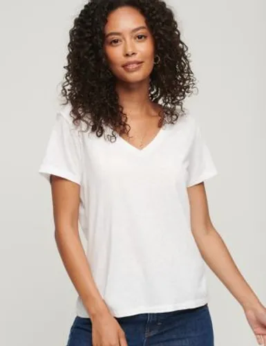Superdry Womens Cotton Rich V-Neck Relaxed T-Shirt - 8 - White, White,Green,Burgundy,Green Mix,Navy,Black,Pink,Navy Mix,Charcoal