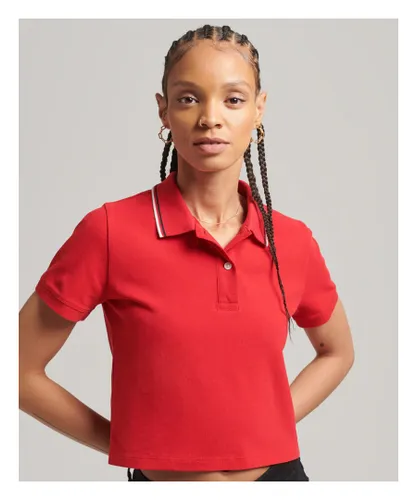 Superdry Womens Crop Polo Shirt - Red Cotton