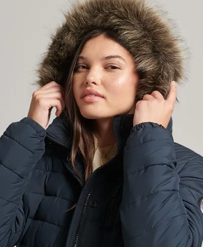 Superdry Women's Faux Fur Hooded Mid Length Puffer Jacket Navy / Eclipse Navy