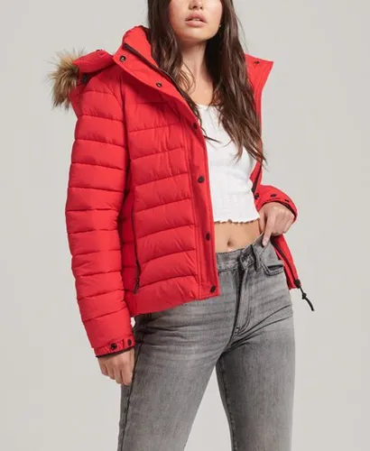 Superdry Women's Faux Fur Short Hooded Puffer Jacket Red / High Risk Red