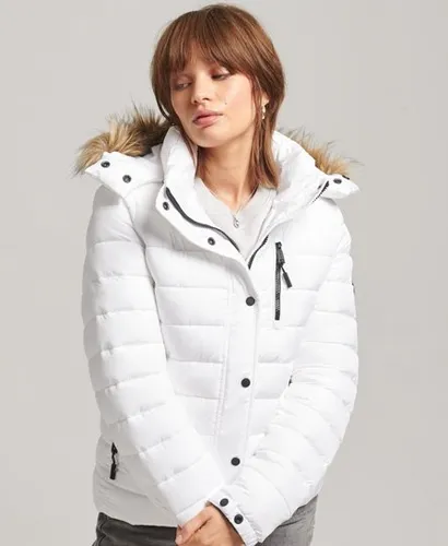 Superdry Women's Faux Fur Short Hooded Puffer Jacket White