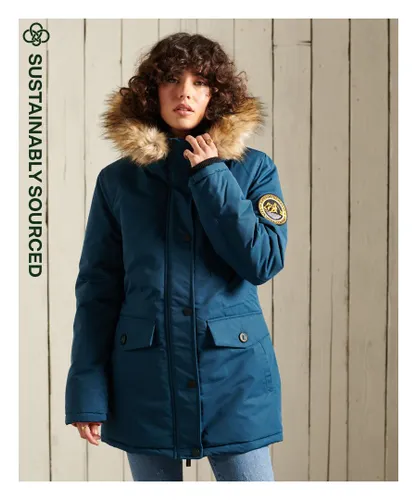 Superdry Womens Hooded Everest Faux Fur Parka Coat - Blue