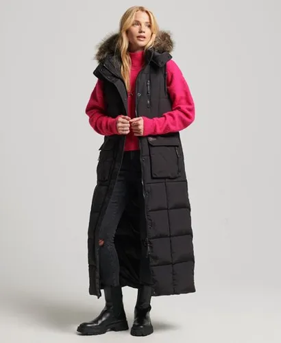 Superdry Women's Hooded Faux Fur Longline Puffer Gilet Black