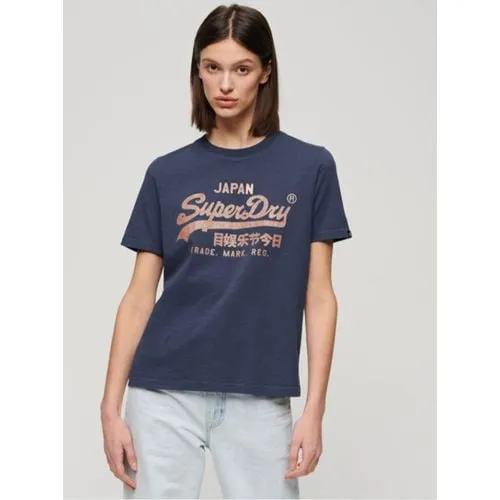 Superdry Womens Lauren Navy Metallic Vintage Logo Relaxed T-Shirt