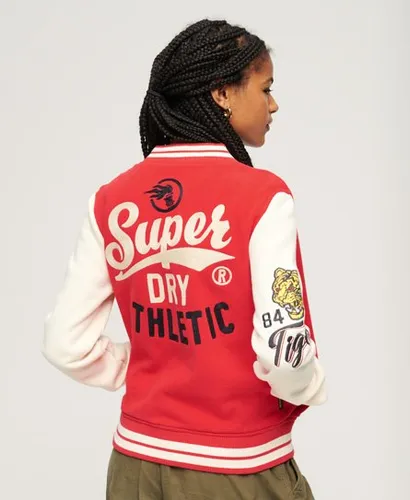 Superdry Women's Lightweight Embroidered College Scripted Jersey Bomber Jacket, Red, White and Yellow