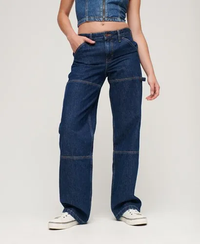 Superdry Women's Organic Cotton Mid Rise Denim Carpenter Jeans Dark Blue / Rinse Blue