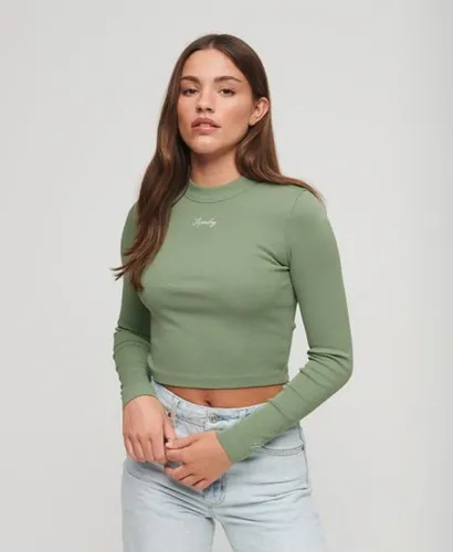 Superdry Women's Ribbed Long Sleeve Embroidered Crop Top Green / Light Jade Green