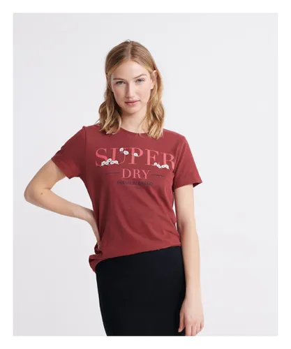 Superdry Womens Serif Floral Embroidered T-Shirt - Red Cotton