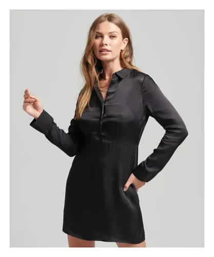 Superdry Womens Sleeved Satin Mini Shirt Dress - Black Viscose