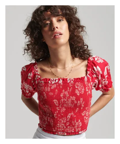 Superdry Womens Vintage Ecovero Smocked Crop Top - Red Viscose