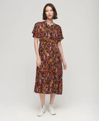 Superdry Women's Women's Loose Fit Floral Print Printed Short Sleeve Tiered Midi Dress, Brown