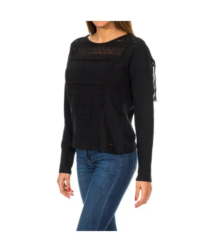 Superdry Womenss Colorado Fringe Lace Tee G60002ON Long Sleeve Sweater - Black Cotton