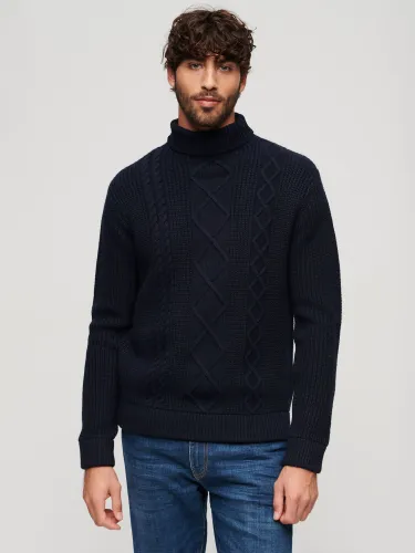 Superdry Wool Blend Cable Roll Neck Jumper - Navy - Male