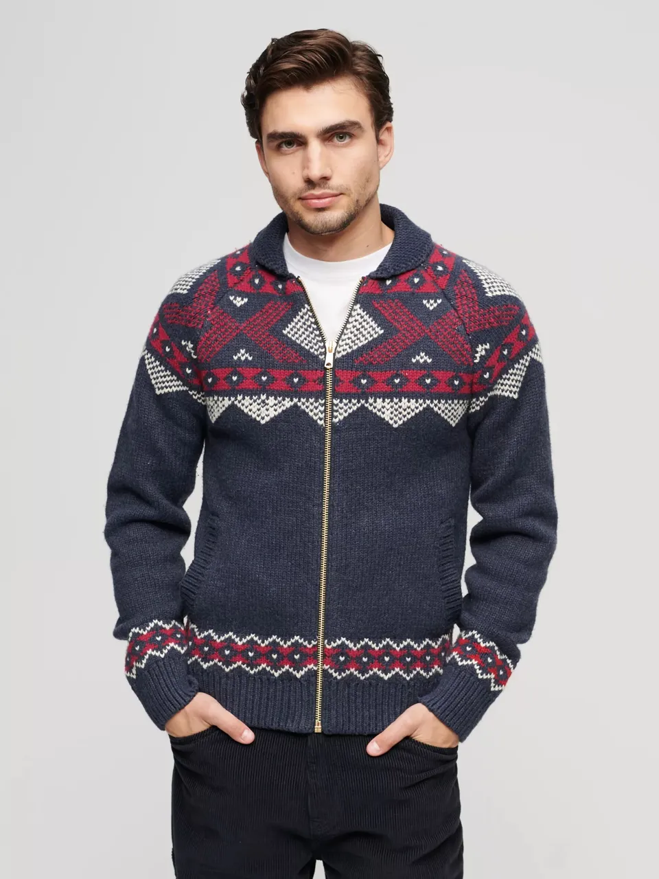 Superdry Wool Blend Zip Thorugh Knitted Cardigan, Navy/Multi - Navy/Multi - Male