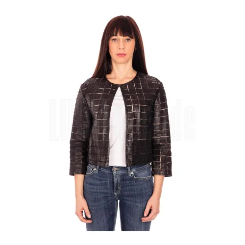 Suprema , Suede Jacket with Square Design ,Black female, Sizes: