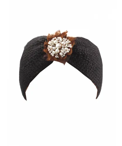 SVNX Womens Black Knitted Headband With Pearl and Gem Flower - One