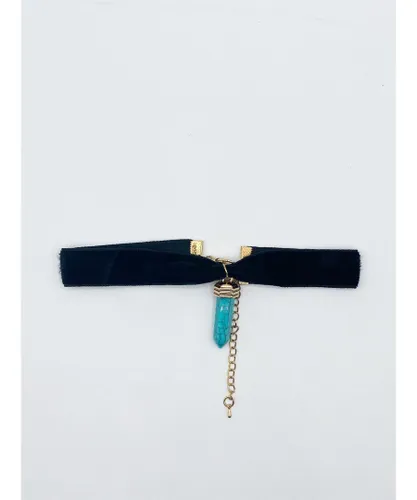 SVNX Womens Faux Velvet Choker With Turquoise Stone Charm - Black - One Size