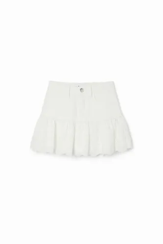 Swiss embroidery ruffle denim mini skirt - WHITE - 7/8