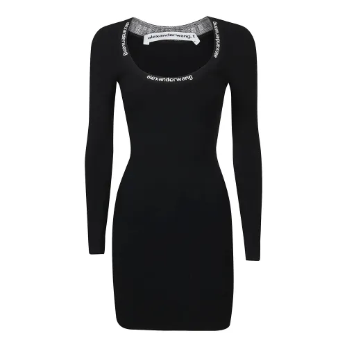 T by Alexander Wang , Logo Jacquard Trim Bodycon Scoop Neck Dress ,Black female, Sizes: