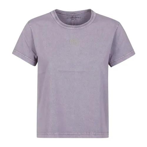T by Alexander Wang , Puff Logo Bound Neck Essential Shrunk T-Shirt ,Purple female, Sizes:
