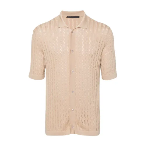 Tagliatore , Beige Perforated Short-Sleeved Shirt ,Beige male, Sizes: