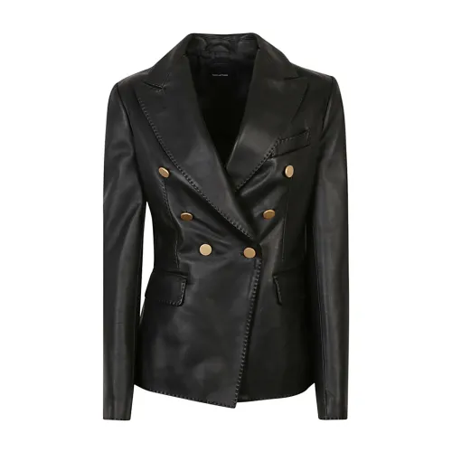 Tagliatore , Black Double-Breasted Leather Jacket ,Black female, Sizes: