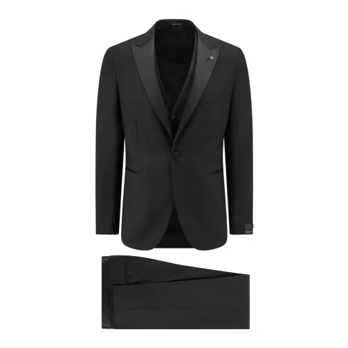 Tagliatore , Black Suit with Satin Lapel ,Black male, Sizes: