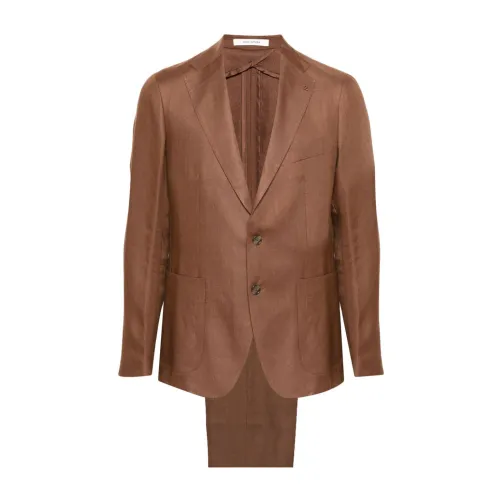 Tagliatore , Brown Linen Suit Jacket with Logoed Brooch ,Brown male, Sizes: