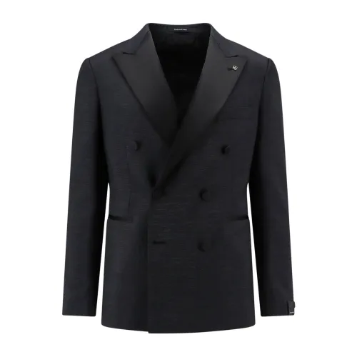 Tagliatore , Double-breasted Black Suit with Iconic Brooch ,Black male, Sizes: