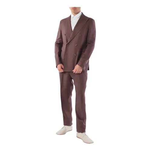 Tagliatore , Linen double-breasted suit with ivory buttons ,Brown male, Sizes: