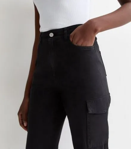 Tall Black Denim Cuffed Cargo Trousers New Look