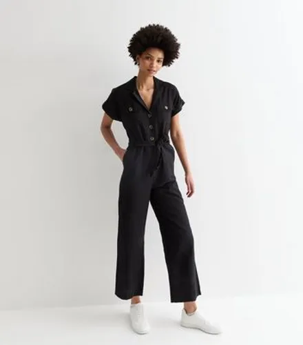 Tall Black Short Sleeve Belted Utility Jumpsuit New Look